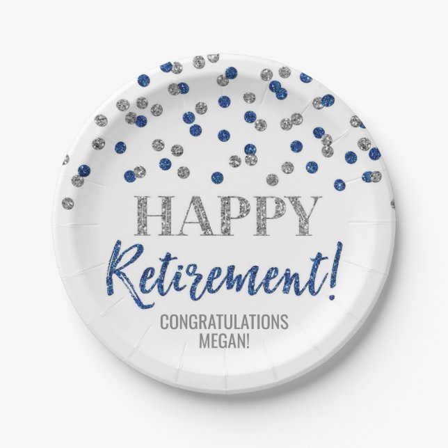 Blue Silver Confetti Happy Retirement Paper Plates (Front)