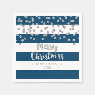 Blue Silver Confetti Merry Christmas Napkin