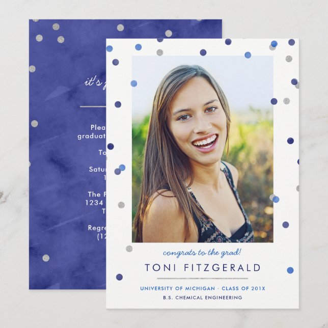 Blue & Silver Confetti Photo Graduation Invitation (Front/Back)