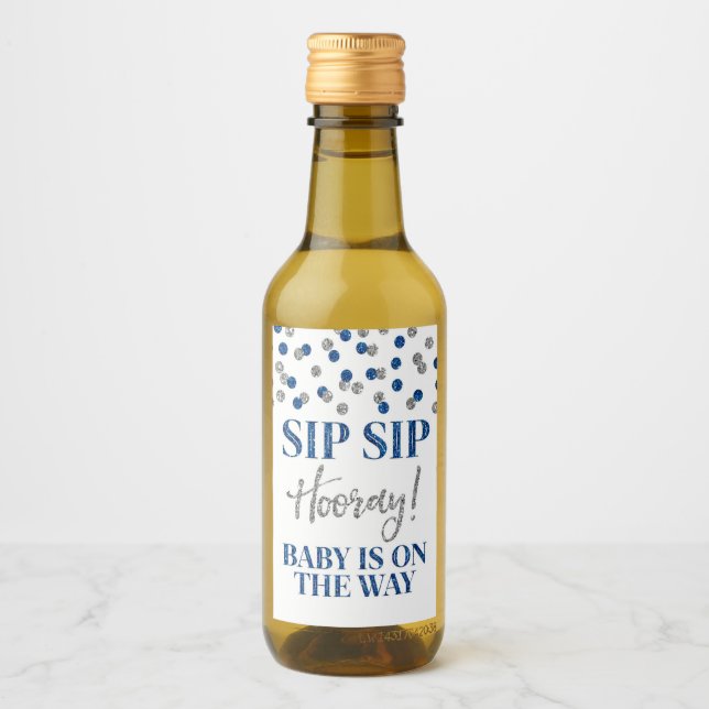 Blue Silver Confetti Sip Sip Hooray Baby Shower Wine Label (Front)