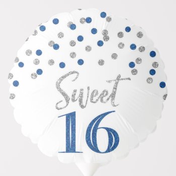 Blue Silver Confetti Sweet 16 Birthday Balloon by DreamingMindCards at Zazzle