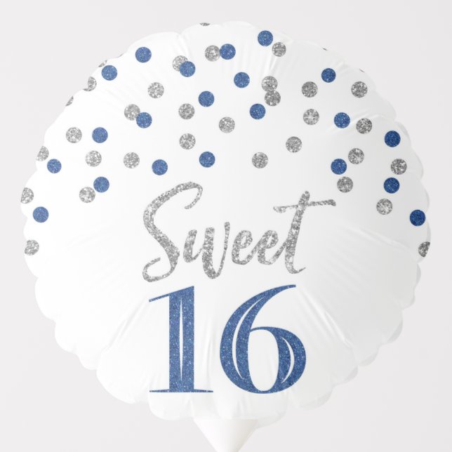 Blue Silver Confetti Sweet 16 Birthday Balloon (Front)