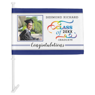 Blue Silver Congratulations Photo Graduation 2021 Car Flag