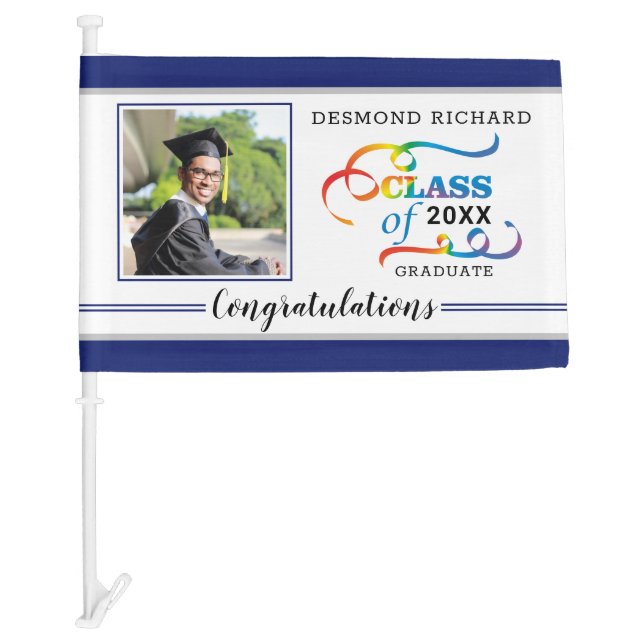 Blue Silver Congratulations Photo Graduation 2021 Car Flag (Front)