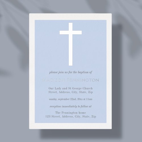Blue  Silver Cross Baptism Foil Invitation