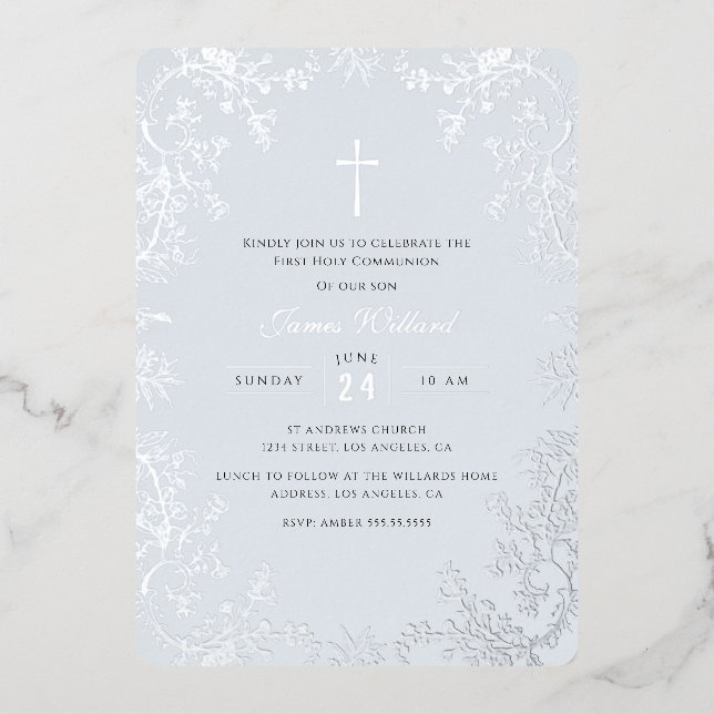 Blue Silver Cross Vintage First Communion Foil Invitation (Front)