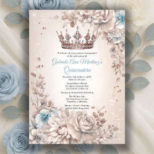 Blue Silver Crown Floral Quinceañera Invitation