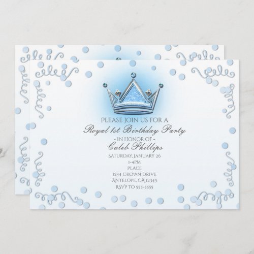 Blue  Silver Crown Party Confetti Invitation