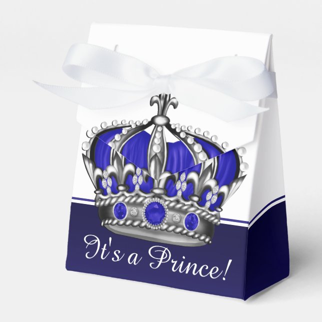Blue Silver Crown Prince Boy Baby Shower Favor Boxes (Front Side)