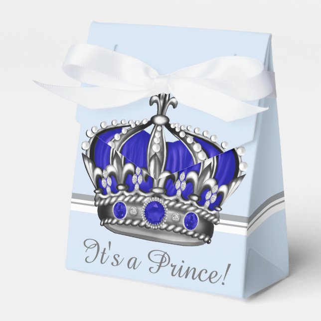 Blue Silver Crown Prince Boy Baby Shower Favor Boxes (Front Side)
