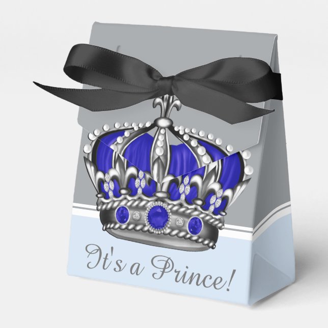 Blue Silver Crown Prince Boy Baby Shower Favor Boxes (Front Side)