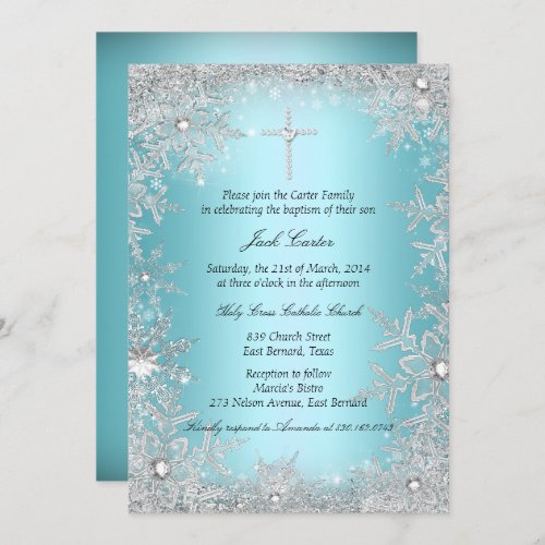 Blue Silver Crystal Snowflake BaptismChristening Invitation