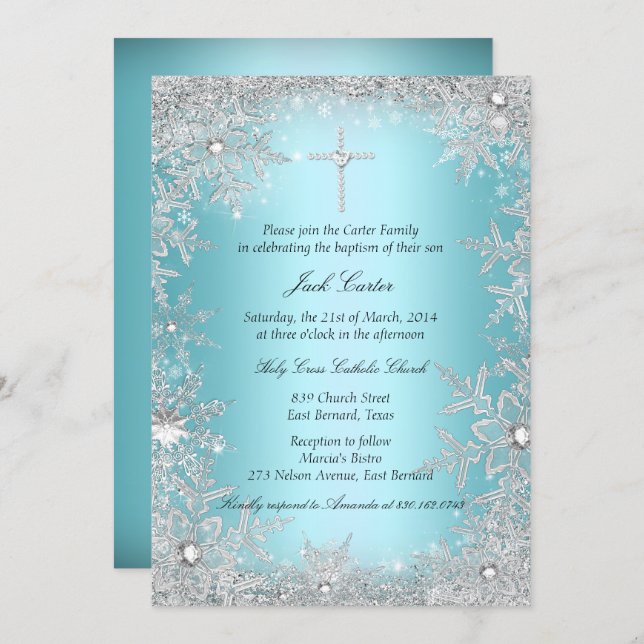 Blue Silver Crystal Snowflake Baptism/Christening Invitation (Front/Back)