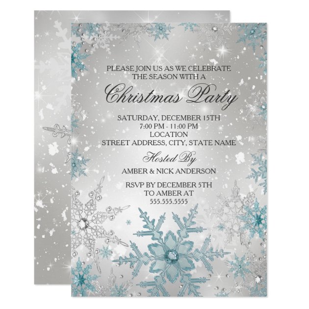 Blue & Silver Crystal Snowflake Christmas Party Invitation