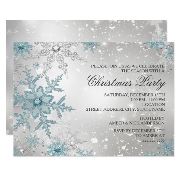 Blue & Silver Crystal Snowflake Christmas Party Invitation