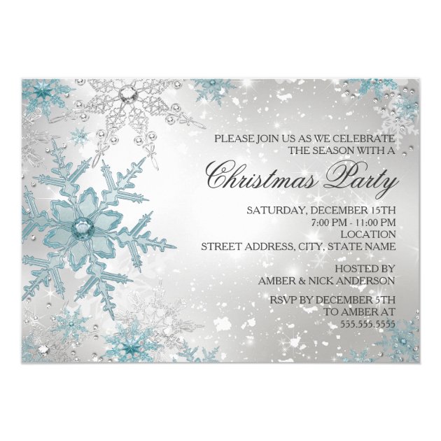 Blue & Silver Crystal Snowflake Christmas Party Invitation