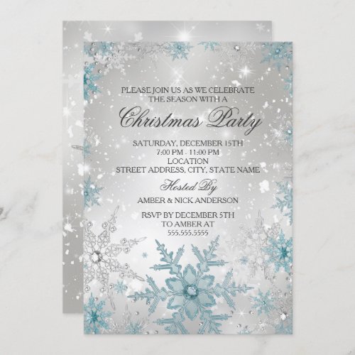 Blue  Silver Crystal Snowflake Christmas Party Invitation