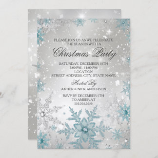 Blue & Silver Crystal Snowflake Christmas Party Invitation