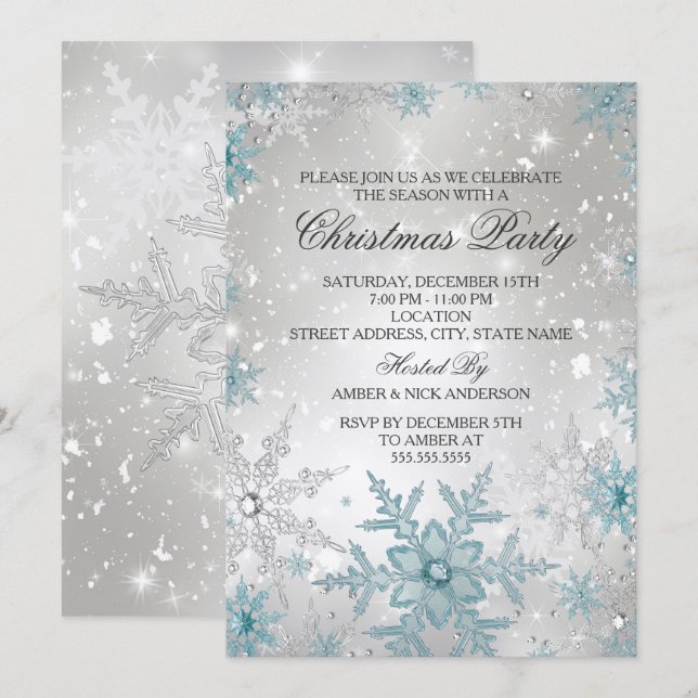 Blue & Silver Crystal Snowflake Christmas Party Invitation (Front/Back)