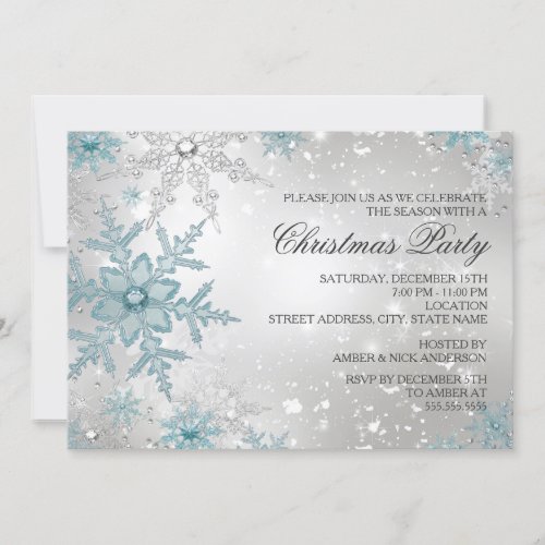 Blue  Silver Crystal Snowflake Christmas Party Invitation