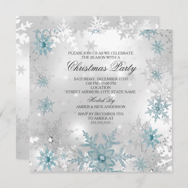 Blue Silver Crystal Snowflake Christmas Party SQ Invitation (Front/Back)