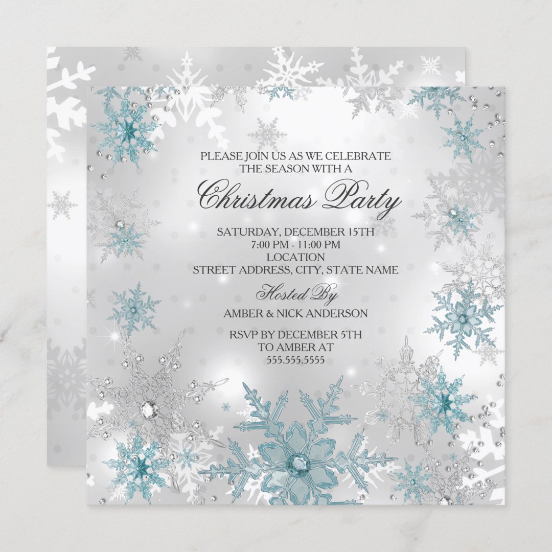 Blue Silver Crystal Snowflake Christmas Party SQ Invitation | Zazzle