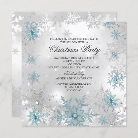Blue Silver Crystal Snowflake Christmas Party Sq Invitation