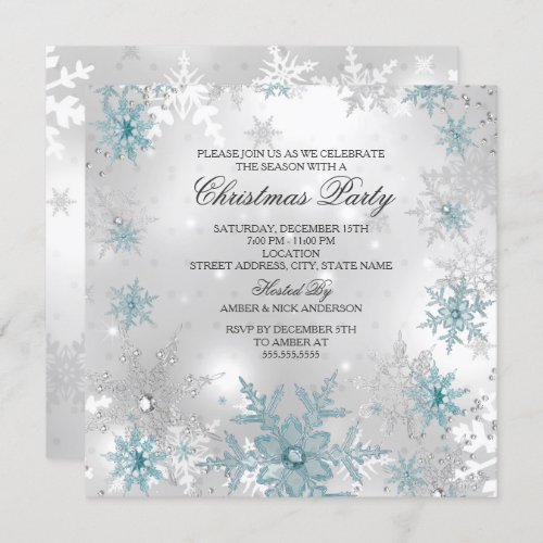 Blue Silver Crystal Snowflake Christmas Party SQ Invitation