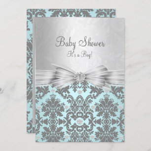 Blue & Silver Damask Baby Shower Invitation