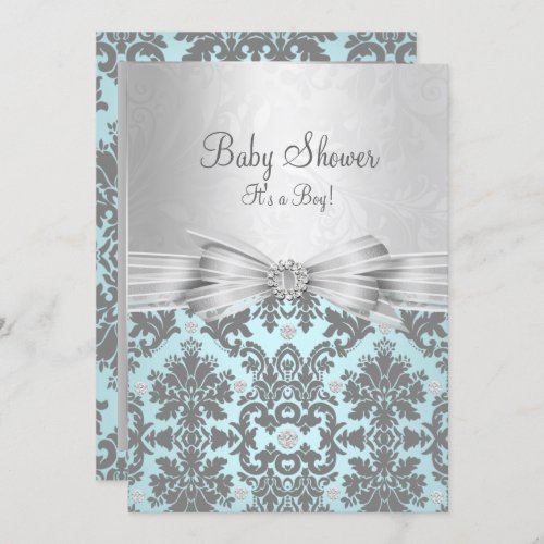 Blue  Silver Damask Baby Shower Invitation