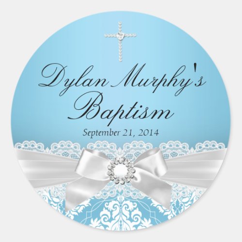 Blue Silver Damask  Bow Baptism Sticker