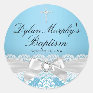 Blue Silver Damask & Bow Baptism Sticker