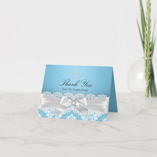 Blue Silver Damask  Bow Baptism Thank You Card