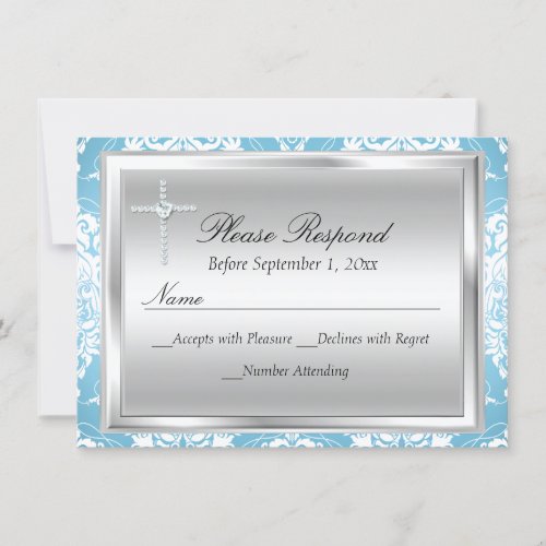 Blue Silver Damask  Cross Baptism RSVP Reply