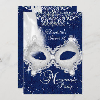 Blue Silver Damask Mask Masquerade Sweet 16 Invite