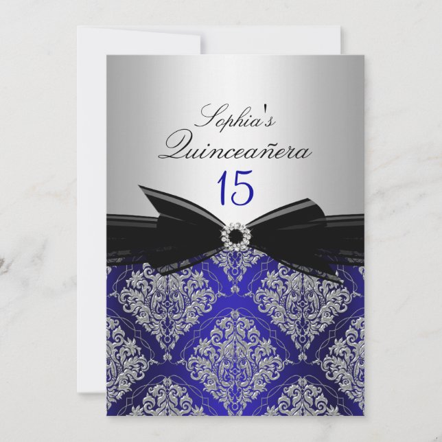 Blue & Silver Damask Quinceanera Announcements (Front)