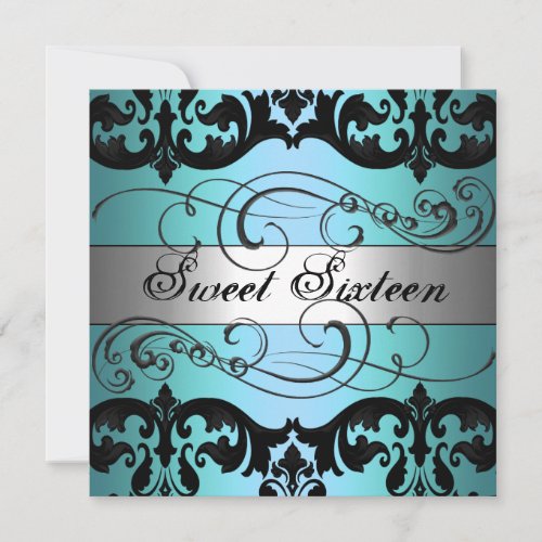 Blue &amp; Silver Damask Sweet 16 Birthday Invitation