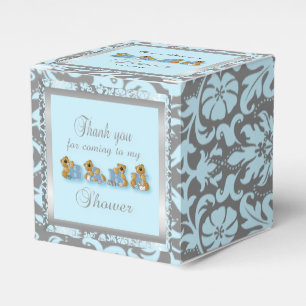 Blue & Silver Damask Teddy Bears Baby Shower Favor Boxes