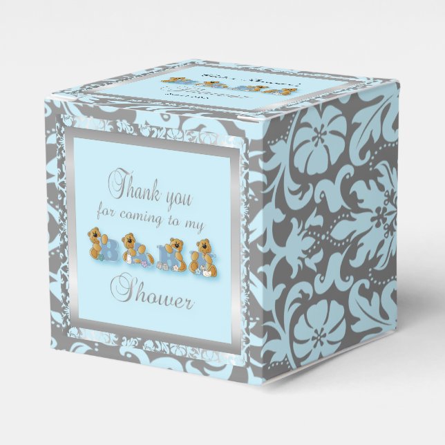Blue & Silver Damask Teddy Bears | Baby Shower Favor Boxes (Front Side)