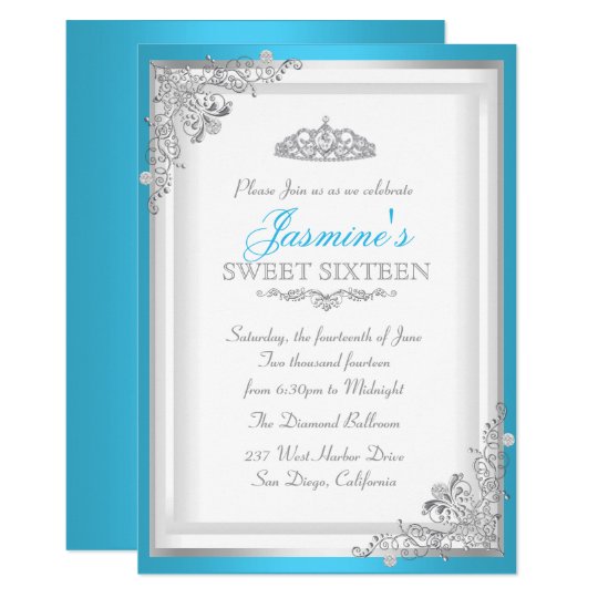 Blue Silver Damask And Tiara Sweet 16 Invitation