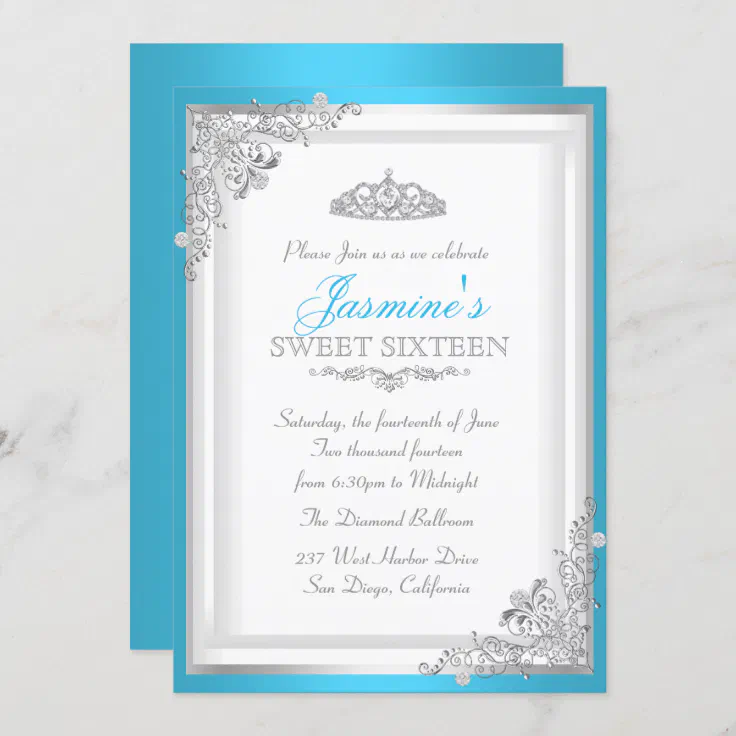 Blue Silver Damask And Tiara Sweet 16 Invitation Zazzle