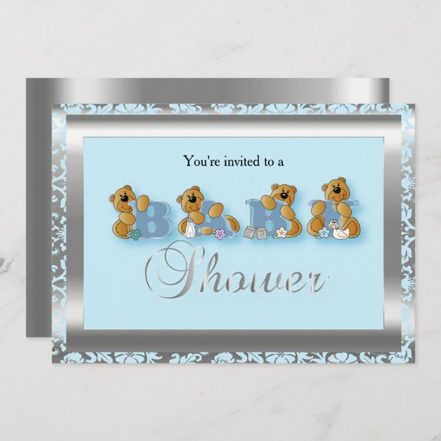 Blue & Silver Damask with Teddy Bear | Baby Shower Invitation (Front/Back)