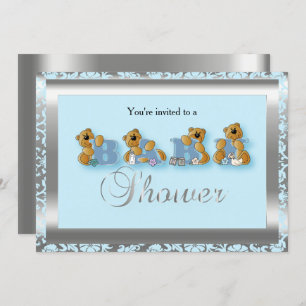 Blue & Silver Damask with Teddy Bear Baby Shower Invitation