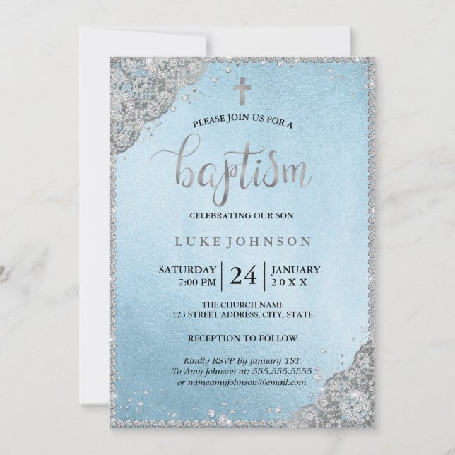 Blue Silver Diamond Lace Cross Baptism Invitation (Front)