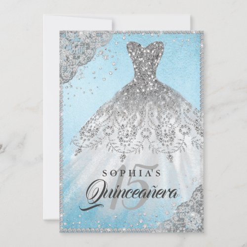 Blue Silver Diamond Lace Sparkle Gown Quinceanera Invitation