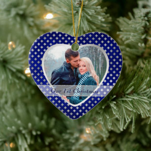 Blue Silver Diamond Pattern Newlywed Ceramic Ornament