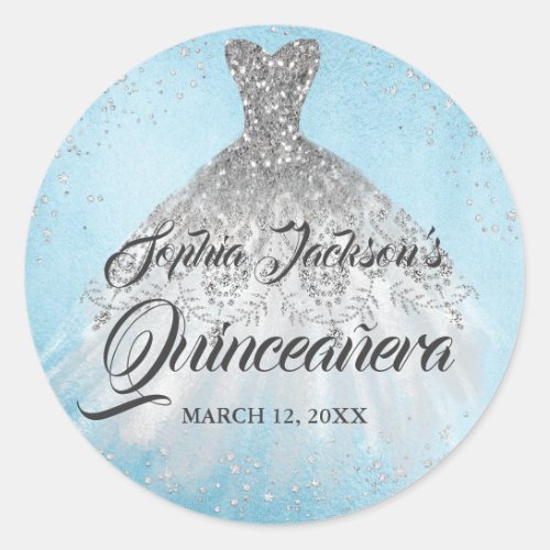 Blue Silver Diamond Sparkle Gown Quinceanera Classic Round Sticker