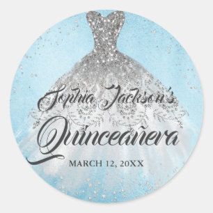Blue Silver Diamond Sparkle Gown Quinceanera Classic Round Sticker