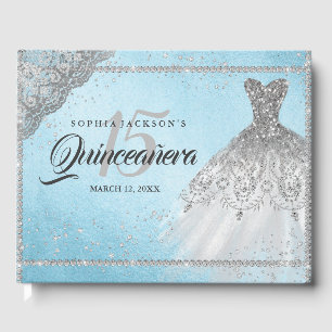 Blue Silver Diamond Sparkle Gown Quinceanera Guest Book