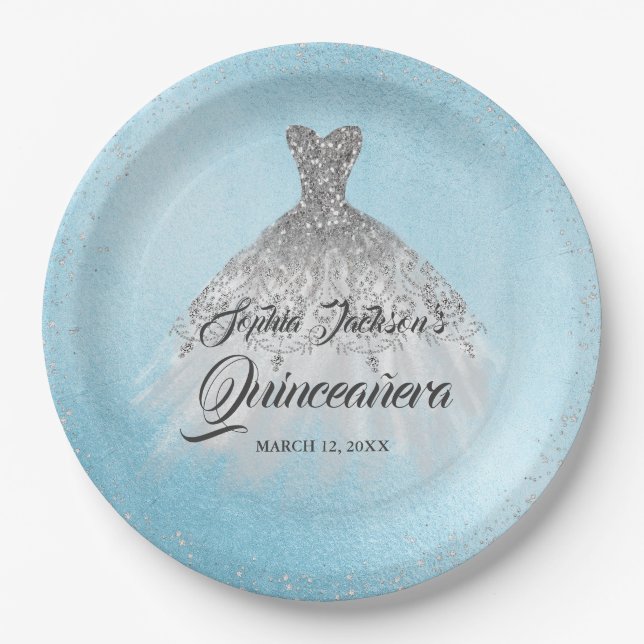 Blue Silver Diamond Sparkle Gown Quinceanera Paper Plates (Front)